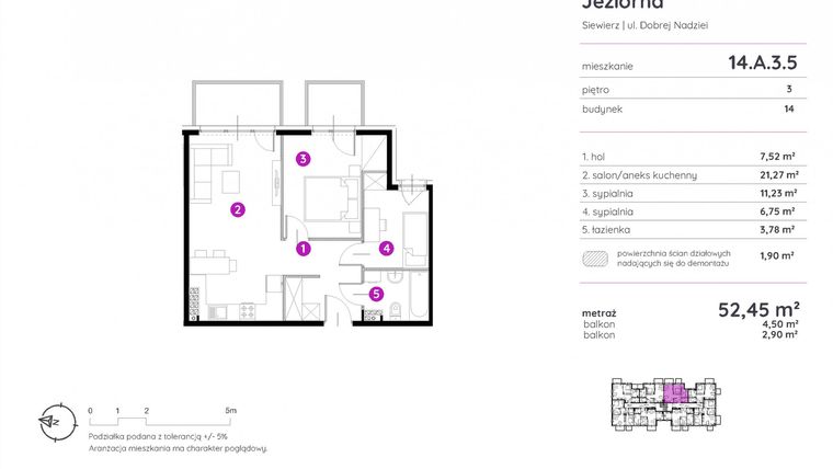 Rzut - Mieszkanie na sprzedaż 3 pokoje o powierzchni 52,45 m² - numer 14.A.3.5 w Murapol Siewierz Jeziorna