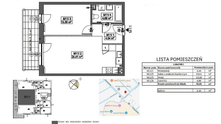Rzut - Mieszkanie na sprzedaż 2 pokoje o powierzchni 46,91 m² - numer M11 w Jeziorna 1