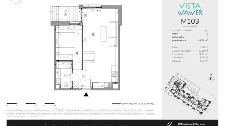 Rzut - Mieszkanie na sprzedaż 2 pokoje o powierzchni 48,73 m² - numer M103 w Vista Wawer