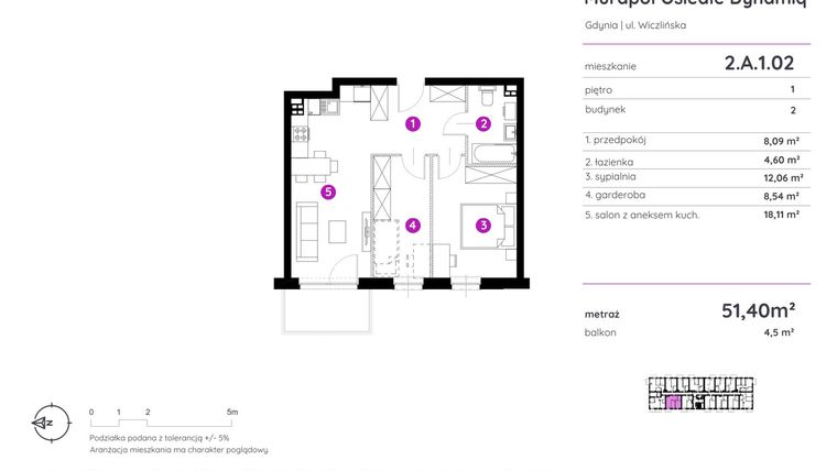 Rzut - Mieszkanie na sprzedaż 2 pokoje o powierzchni 51,4 m² - numer 2.A.1.02 w Murapol Osiedle Dynamiq