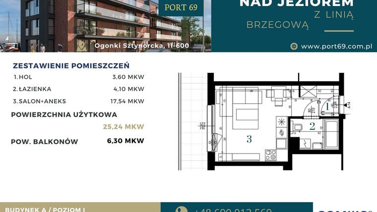 Rzut - Mieszkanie na sprzedaż 1 pokój o powierzchni 25,24 m² - numer A-14 w Port 69
