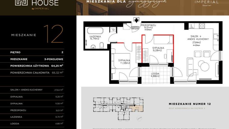 Rzut - Mieszkanie na sprzedaż 3 pokoje o powierzchni 64,27 m² - numer 12 w Kobi HOUSE