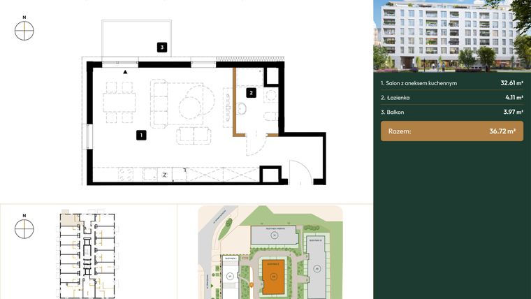 Rzut - Mieszkanie na sprzedaż 1 pokój o powierzchni 36,72 m² - numer B2.5.09 w Wierzbowa 20