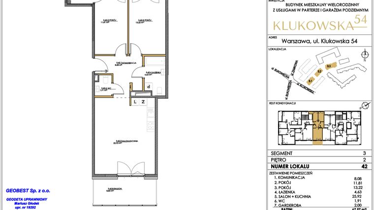 Rzut - Mieszkanie na sprzedaż 3 pokoje o powierzchni 69,17 m² - numer S3-42 w Klukowska 54