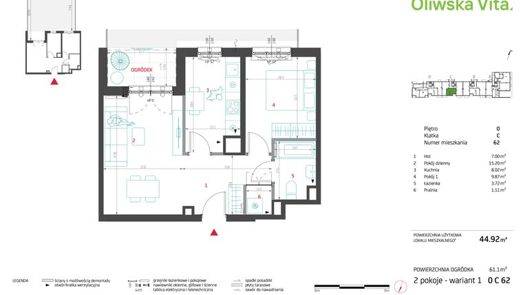 Rzut - Mieszkanie na sprzedaż 2 pokoje o powierzchni 44,92 m² - numer 0C62 w Oliwska Vita