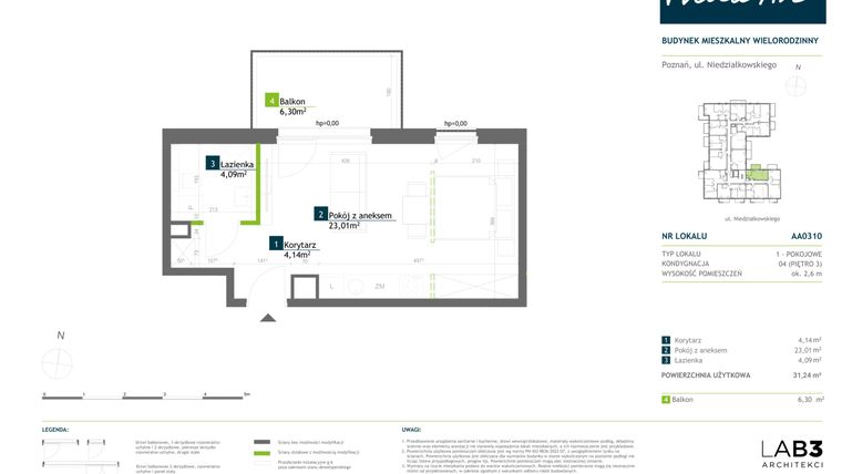 Rzut - Mieszkanie na sprzedaż 1 pokój o powierzchni 31,36 m² - numer AA0310 w Vilda Arte