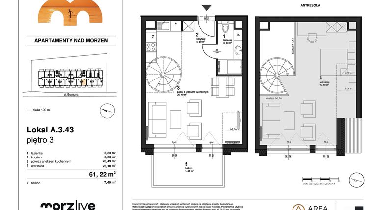 Rzut - Mieszkanie na sprzedaż 2 pokoje o powierzchni 61,22 m² - numer A.3.43 w Morzlive