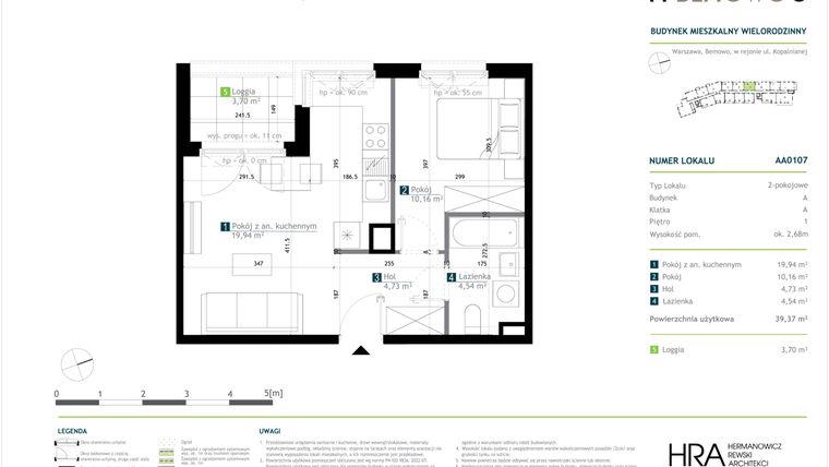 Rzut - Mieszkanie na sprzedaż 2 pokoje o powierzchni 39,37 m² - numer AA0107 w M Bemowo