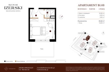 Rzut - Mieszkanie na sprzedaż 1 pokój o powierzchni 30,58 m² - numer B1.03 w Bulwar Izerski
