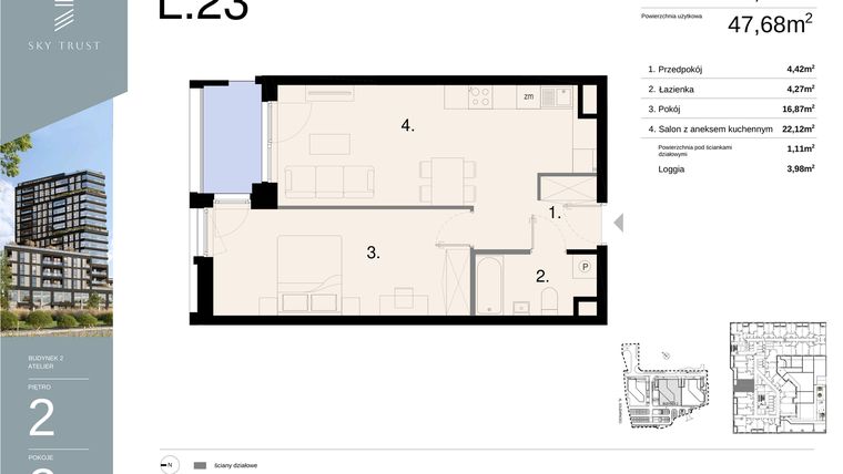 Rzut - Mieszkanie na sprzedaż 2 pokoje o powierzchni 48,79 m² - numer L23 w Sky Trust etap II - Apartamenty inwestycyjne