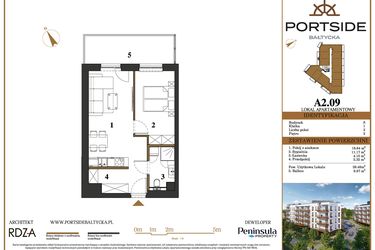 Rzut - Mieszkanie na sprzedaż 2 pokoje o powierzchni 39,48 m² - numer A2.09 w Portside Bałtycka