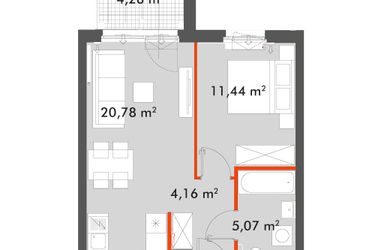 Rzut - Mieszkanie na sprzedaż 2 pokoje o powierzchni 41,45 m² - numer F1.B.04.02 w Splot Wola