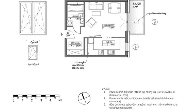 Rzut - Mieszkanie na sprzedaż 1 pokój o powierzchni 34,27 m² - numer H.1.7.4 w City Park bud. G i H