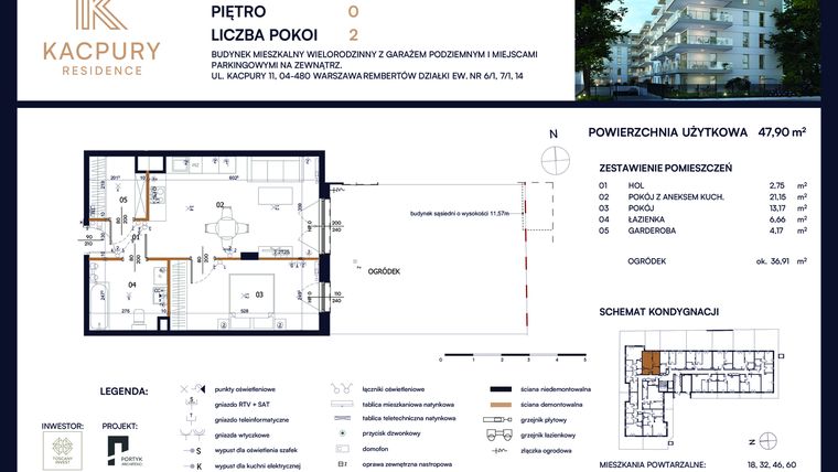 Rzut - Mieszkanie na sprzedaż 2 pokoje o powierzchni 47,9 m² - numer M05 w Kacpury Residence