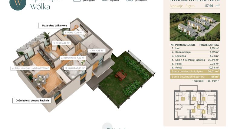 Rzut - Mieszkanie na sprzedaż 3 pokoje o powierzchni 57,66 m² - numer A2/2 w Spokojna Wólka etap IV