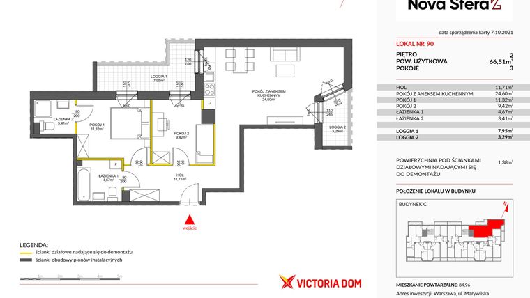 Rzut - Mieszkanie na sprzedaż 3 pokoje o powierzchni 66,22 m² - numer 2.90 w Miasteczko Nova Sfera