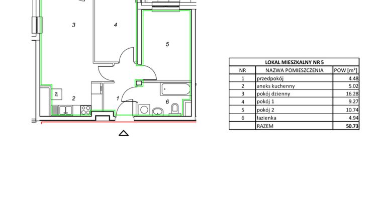 Rzut - Mieszkanie na sprzedaż 3 pokoje o powierzchni 50,73 m² - numer 5 w Nowa Pszczelna