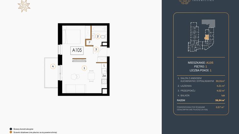 Rzut - Mieszkanie na sprzedaż 1 pokój o powierzchni 38,54 m² - numer A.105 w Rezydencja Śródmiejska