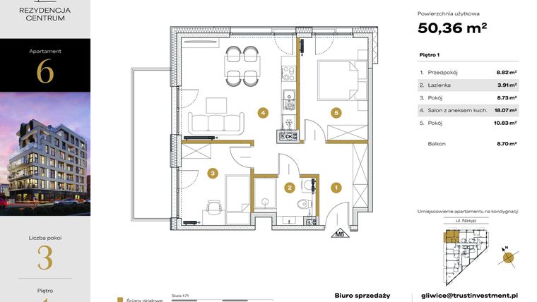 Rzut - Mieszkanie na sprzedaż 3 pokoje o powierzchni 50,36 m² - numer 6 w Rezydencja Centrum