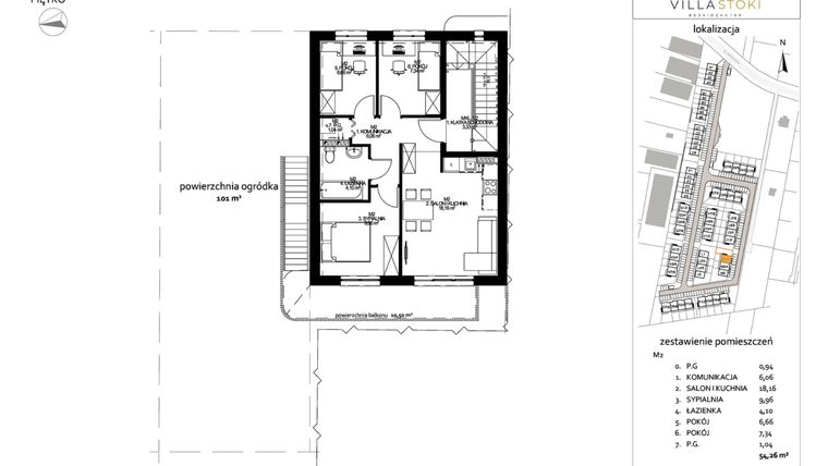 Rzut - Mieszkanie na sprzedaż 4 pokoje o powierzchni 54,26 m² - numer M2 w Villa Stoki (mieszkania)
