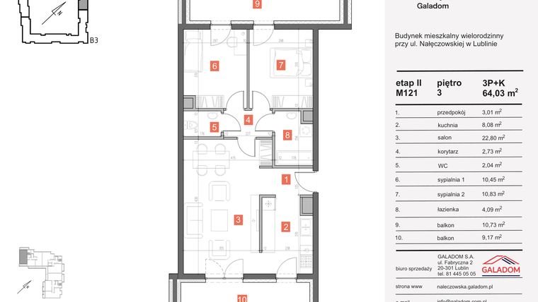 Rzut - Mieszkanie na sprzedaż 3 pokoje o powierzchni 64,03 m² - numer M-121 w Nałęczowska etap II
