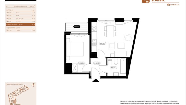 Rzut - Mieszkanie na sprzedaż 2 pokoje o powierzchni 36,39 m² - numer 2.05 w Białoprądnicka Park