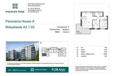Rzut - Mieszkanie na sprzedaż 3 pokoje o powierzchni 55,99 m² - numer A2.1.03 w Premier Park II