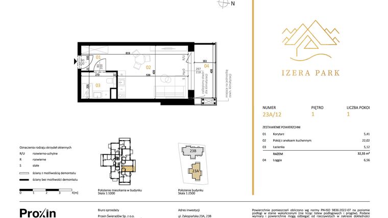 Rzut - Mieszkanie na sprzedaż 1 pokój o powierzchni 32,55 m² - numer 23A/12 w Izera Park