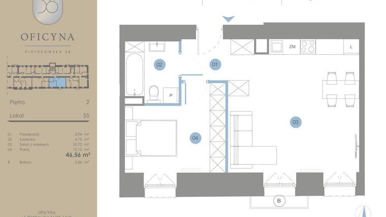 Rzut - Mieszkanie na sprzedaż 2 pokoje o powierzchni 46,56 m² - numer 55 w Oficyna - mieszkania