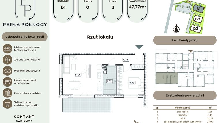 Rzut - Mieszkanie na sprzedaż 2 pokoje o powierzchni 47,77 m² - numer B1.0_3 w Perła Północy etap 2