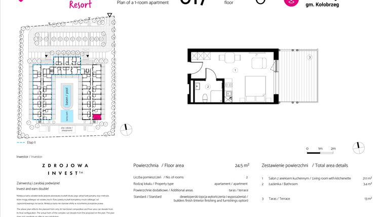 Rzut - Mieszkanie na sprzedaż 1 pokój o powierzchni 24,5 m² - numer 017 w VacationClub Resort