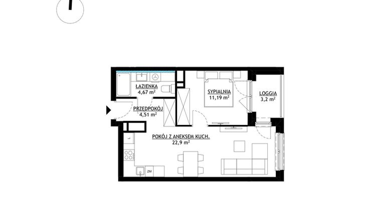Rzut - Mieszkanie na sprzedaż 2 pokoje o powierzchni 43,27 m² - numer A35 w FUTURO