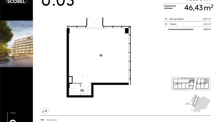 Rzut - Lokal użytkowy na sprzedaż 1 pokój o powierzchni 46,85 m² - numer U.03 w Browar HUGO SCOBEL
