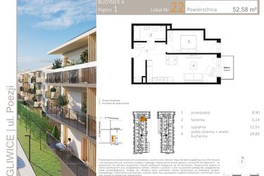 Rzut - Mieszkanie na sprzedaż 2 pokoje o powierzchni 52,58 m² - numer A.22 w Poezji