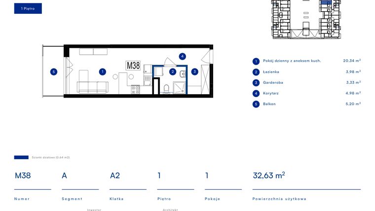 Rzut - Mieszkanie na sprzedaż 1 pokój o powierzchni 32,63 m² - numer 38A w Przy Bursztynowej