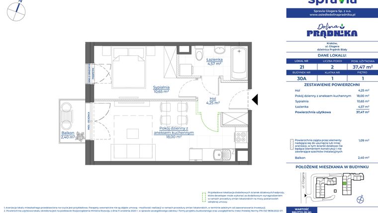 Rzut - Mieszkanie na sprzedaż 2 pokoje o powierzchni 37,47 m² - numer 30A.21 w Osiedle Dolina Prądnika