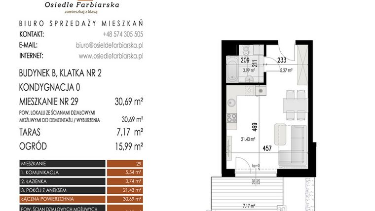 Rzut - Mieszkanie na sprzedaż 1 pokój o powierzchni 30,69 m² - numer 29B w Osiedle Farbiarska II