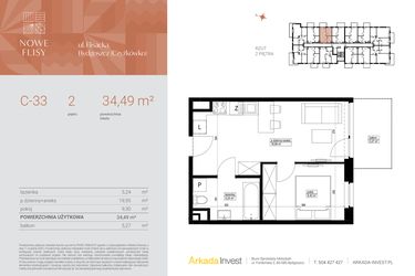 Rzut - Mieszkanie na sprzedaż 2 pokoje o powierzchni 34,49 m² - numer M33_NF.c w Nowe Flisy II