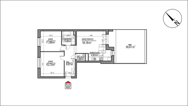 Rzut - Mieszkanie na sprzedaż 3 pokoje o powierzchni 65,55 m² - numer 4 m. 29 w Osiedle Rytm etap 3
