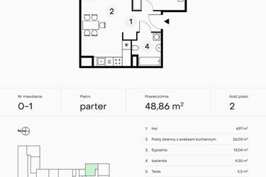 Rzut - Mieszkanie na sprzedaż 2 pokoje o powierzchni 48,86 m² - numer 0-1 w Pączka 1