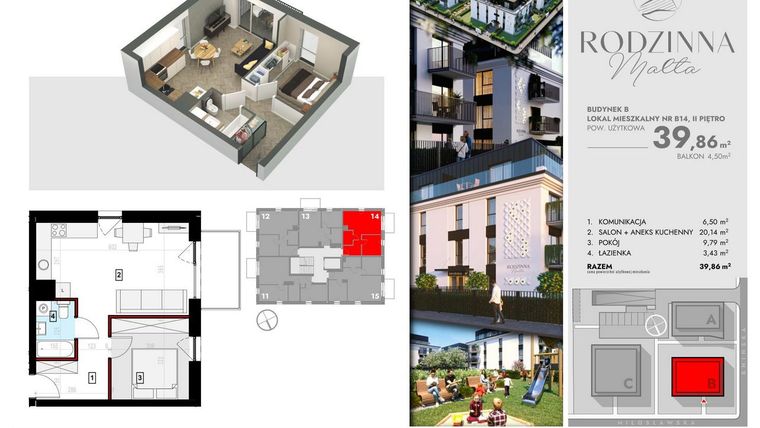 Rzut - Mieszkanie na sprzedaż 2 pokoje o powierzchni 39,86 m² - numer B14 w Rodzinna Malta