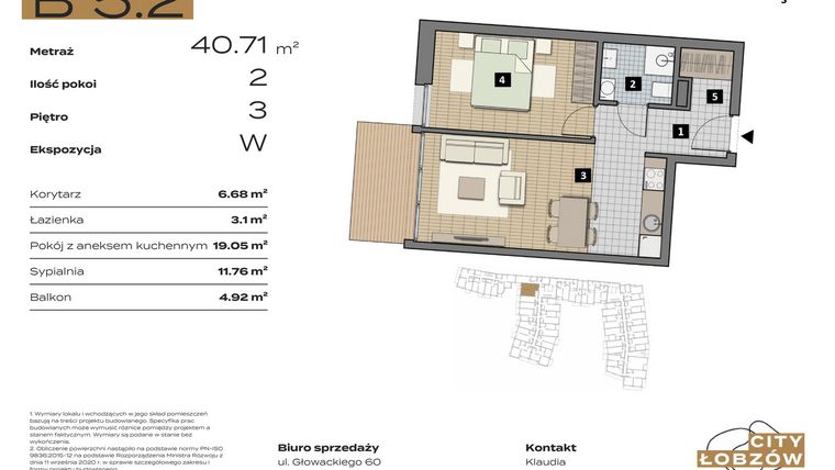 Rzut - Mieszkanie na sprzedaż 2 pokoje o powierzchni 40,92 m² - numer B 5.2 w City Łobzów