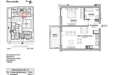 Rzut - Mieszkanie na sprzedaż 2 pokoje o powierzchni 51,02 m² - numer B.1.5 w Nowa Fregata