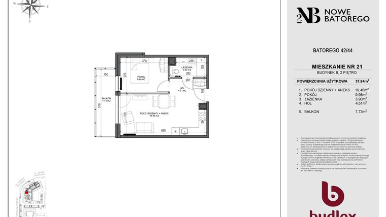 Rzut - Mieszkanie na sprzedaż 2 pokoje o powierzchni 37,84 m² - numer B21 w Nowe Batorego 2