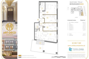 Rzut - Mieszkanie na sprzedaż 4 pokoje o powierzchni 94,64 m² - numer M03 w Art Deco Mokotów Pola