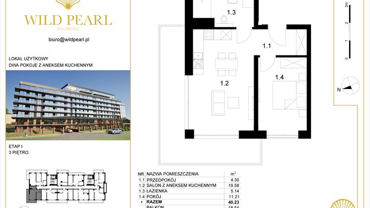 Rzut - Mieszkanie na sprzedaż 2 pokoje o powierzchni 40,23 m² - numer 3.1 w Wild Pearl - apartamenty inwestycyjne