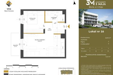 Rzut - Mieszkanie na sprzedaż 2 pokoje o powierzchni 44,92 m² - numer 16 w Apartamenty 3 Maja