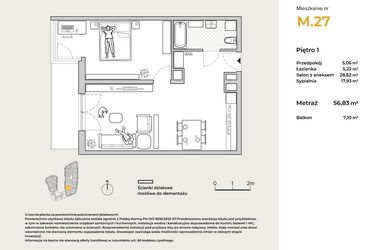Rzut - Mieszkanie na sprzedaż 2 pokoje o powierzchni 56,83 m² - numer M27 w Baja Piaśniki