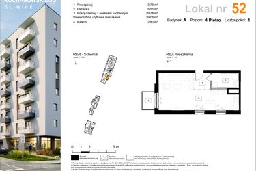 Rzut - Mieszkanie na sprzedaż 1 pokój o powierzchni 39,08 m² - numer A.52 w Osiedle Kochanowskiego - Gliwice