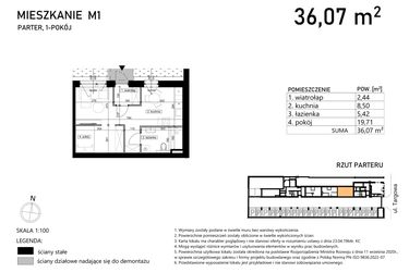 Rzut - Mieszkanie na sprzedaż 1 pokój o powierzchni 36,07 m² - numer M1 w Finezja